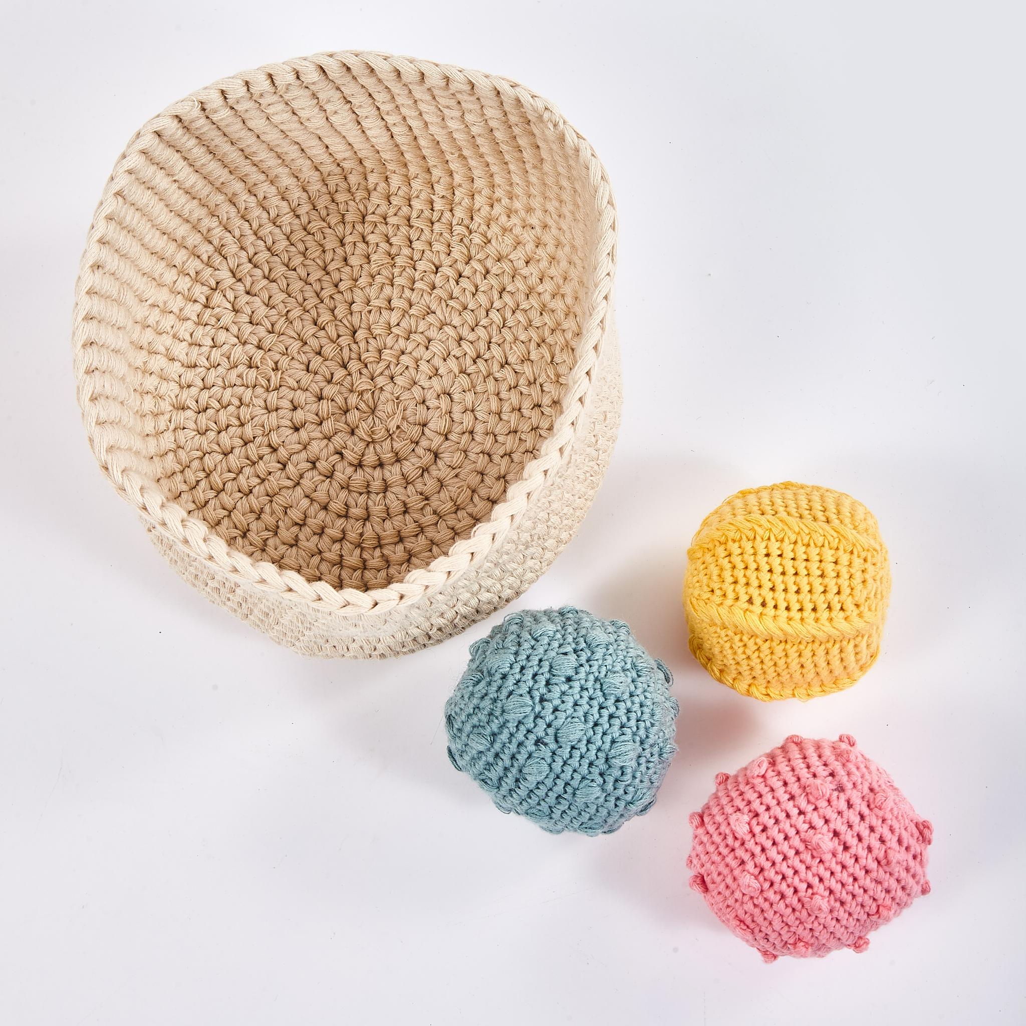 Crochet basket and balls made from organic cotton