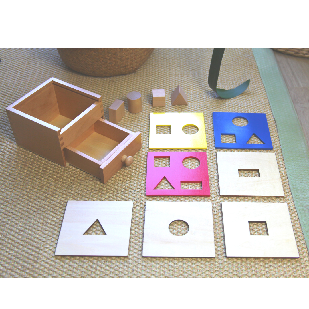 Montessori shapes toy, sorting box with drawer, box with 4 shapes made of wood