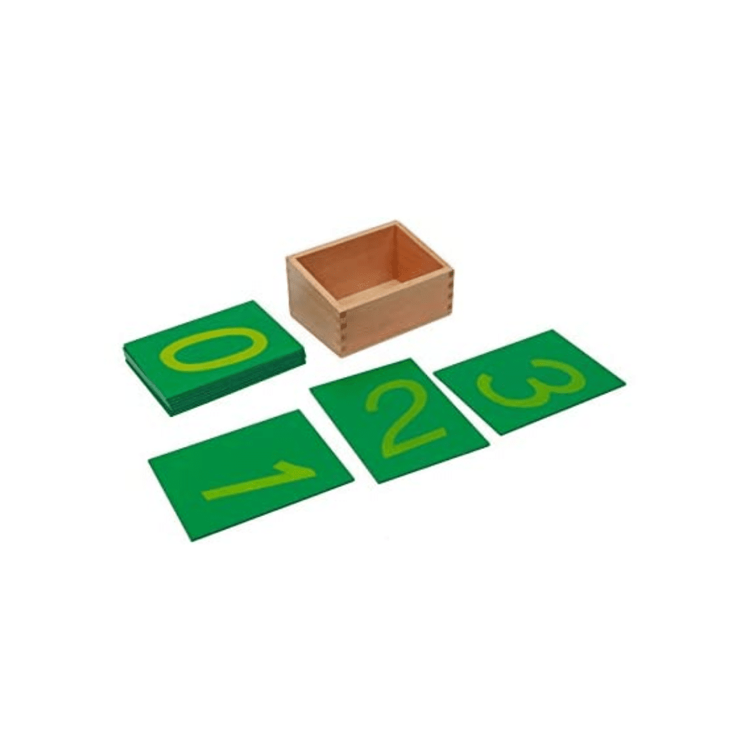 Montessori sandpaper numerals in a wooden box