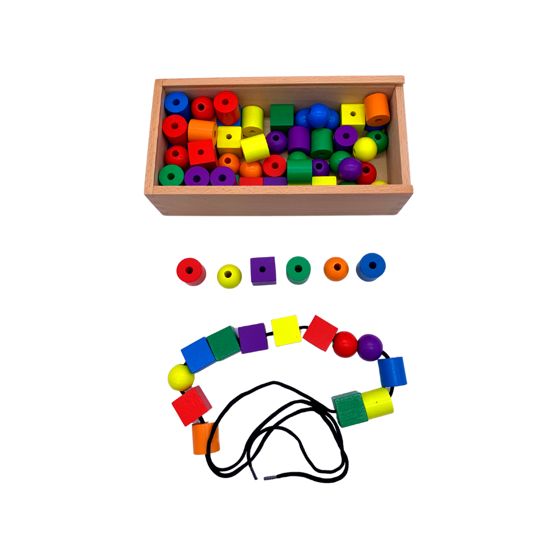 Threading game with wooden beads