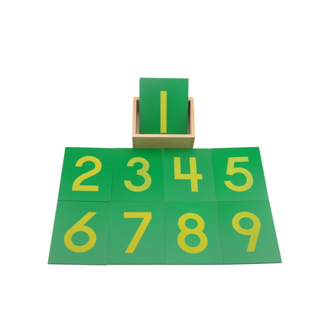 Montessori sandpaper numerals in a wooden box