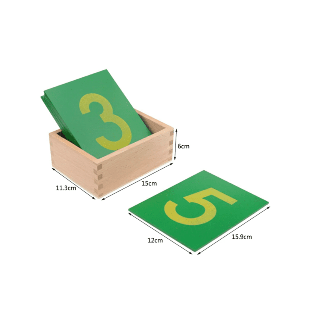 Montessori sandpaper numerals in a wooden box