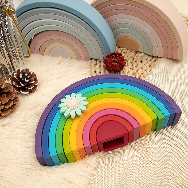 Rainbow push-fit and stack toy made from food-grade silicone