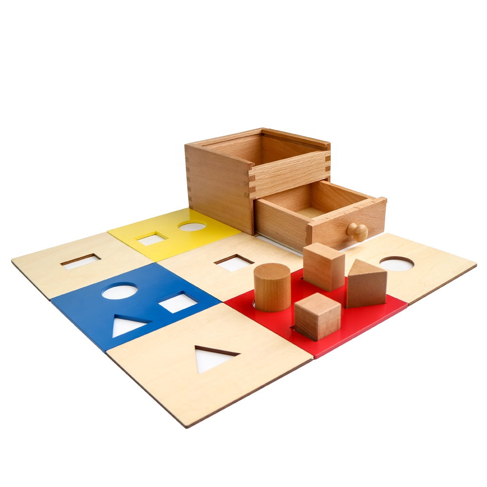 Montessori shapes toy, sorting box with drawer, box with 4 shapes made of wood