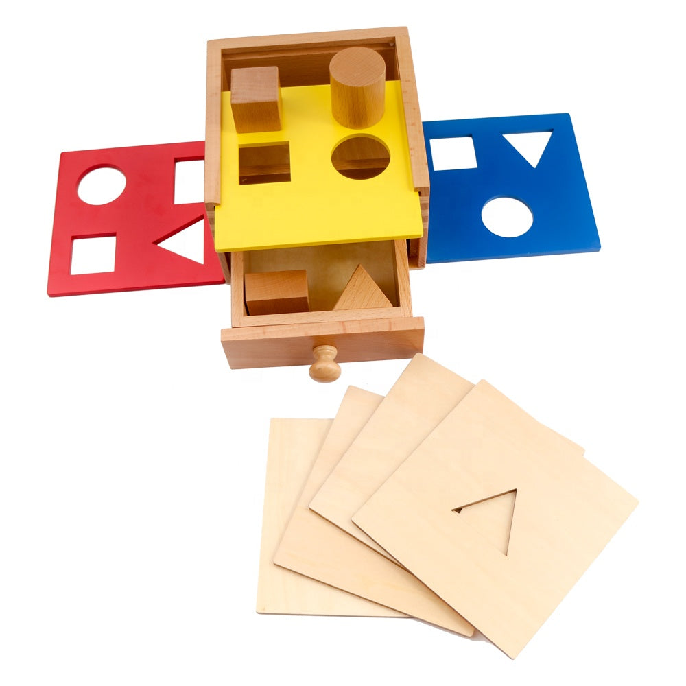 Montessori shapes toy, sorting box with drawer, box with 4 shapes made of wood
