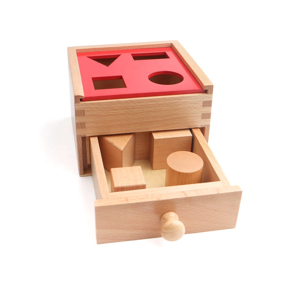 Montessori shapes toy, sorting box with drawer, box with 4 shapes made of wood