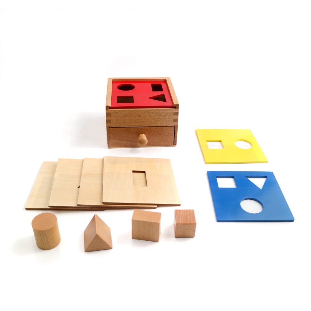 Montessori shapes toy, sorting box with drawer, box with 4 shapes made of wood