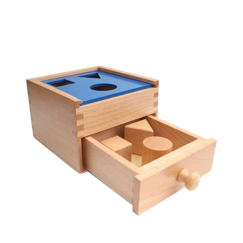 Montessori shapes toy, sorting box with drawer, box with 4 shapes made of wood