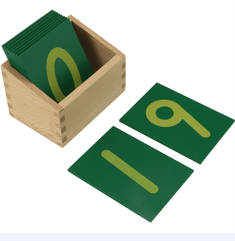 Montessori sandpaper numerals in a wooden box