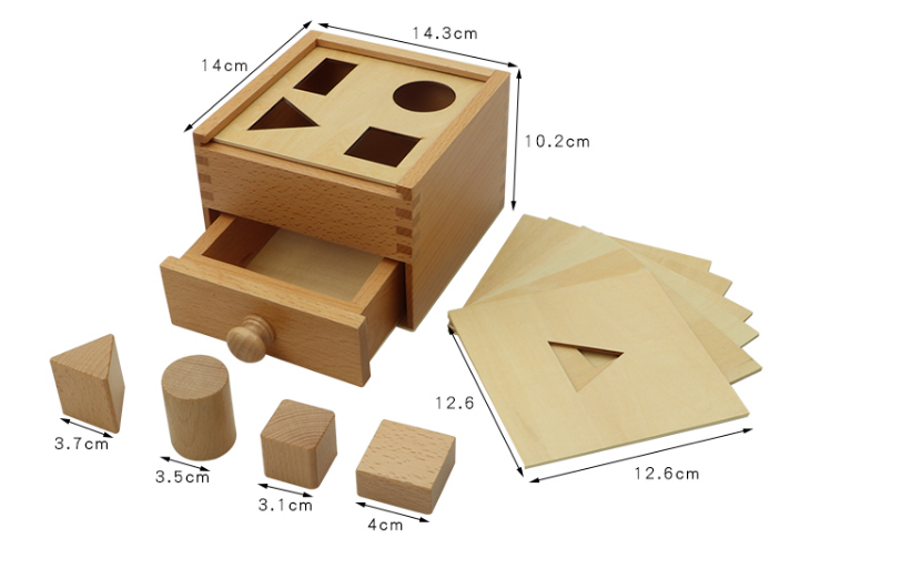 Montessori shapes toy, sorting box with drawer, box with 4 shapes made of wood