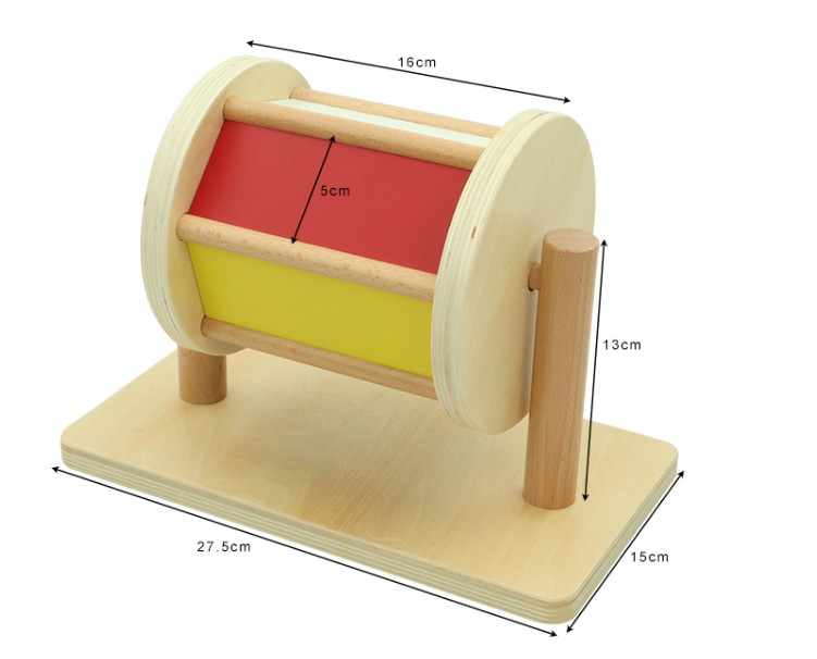 Montessori Spinning Drum with Mirror Wooden Colorful Spinning Drum Rainbow Rotating Wooden Drum